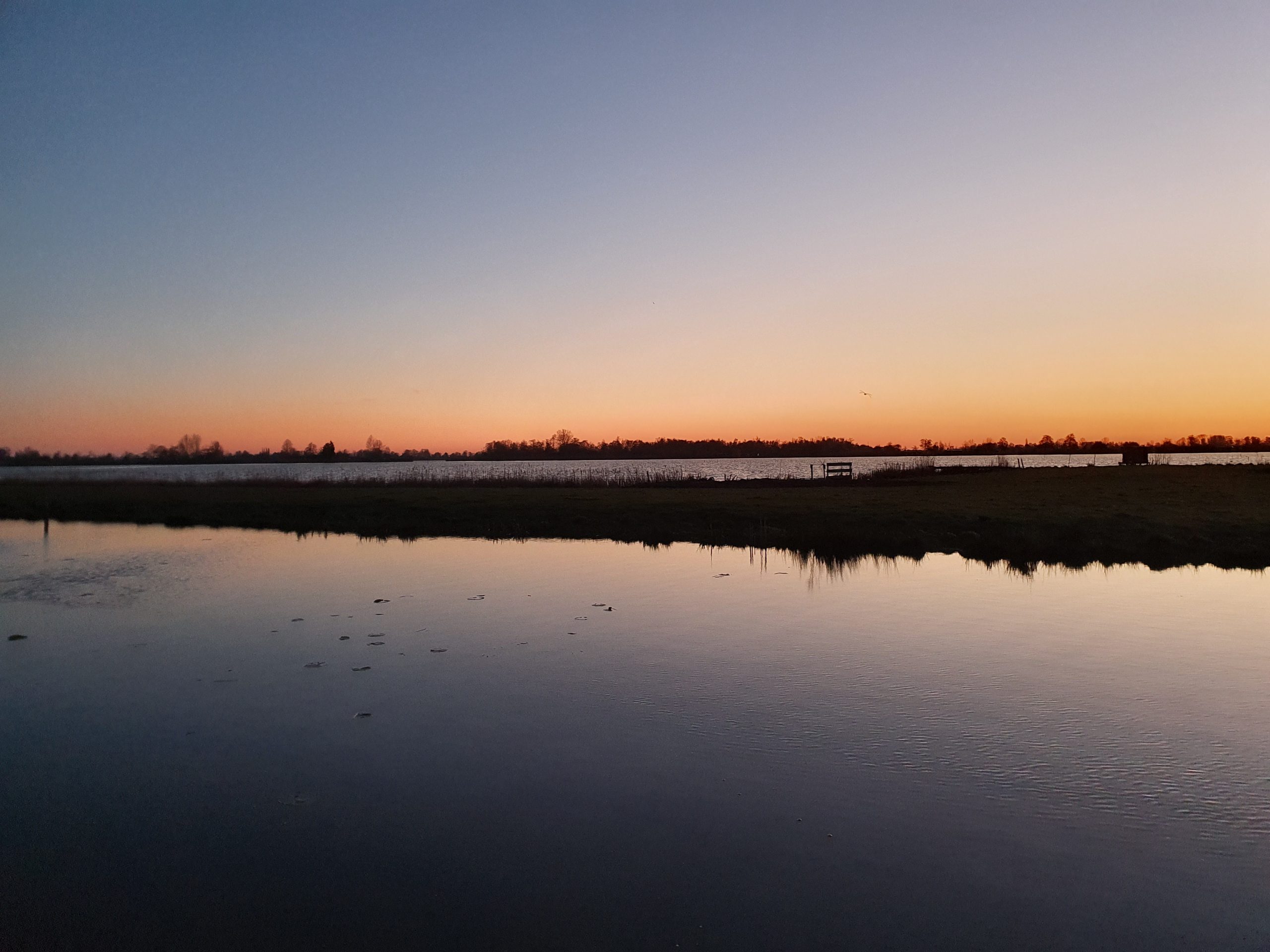 roodkleurende hemel boven water en polderlandschap